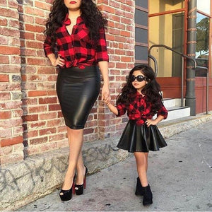 Princess Plaid Tops Shirt +Leather dress 2pc Set