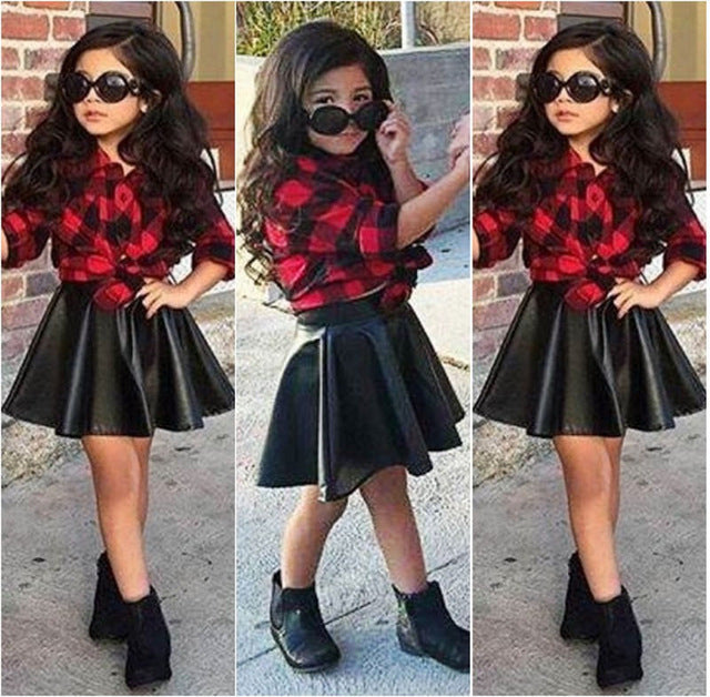 Princess Plaid Tops Shirt +Leather dress 2pc Set