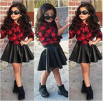 Princess Plaid Tops Shirt +Leather dress 2pc Set