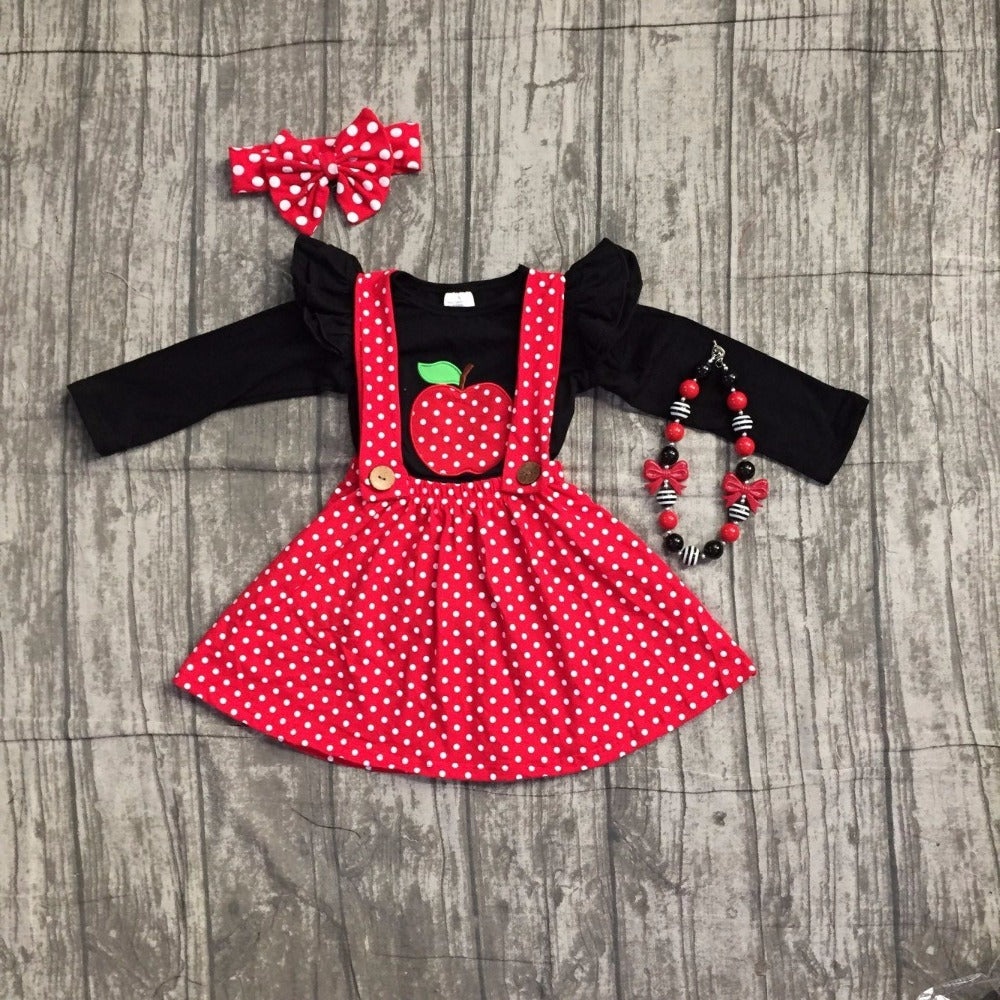 Polka Dot Suspender Dress w/ Apple